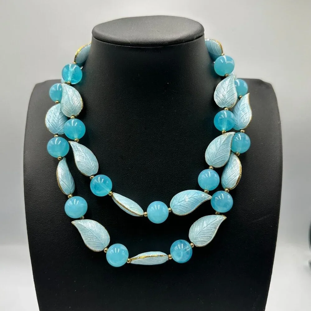 Vintage Necklace Gold Tone Aqua Blue Bead Enamel Leaf Double Strand Adjustable